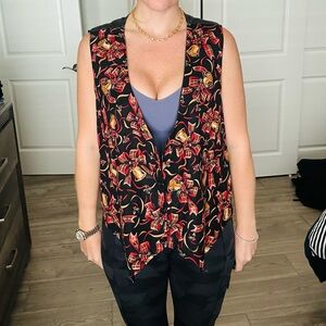 Women's Black and Red Patterned Vest
